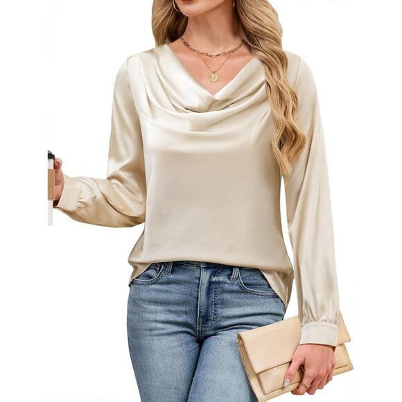 Tops - Women's Satin Blouse Cowl Neck Long Sleeve Business Casual Top Apricot